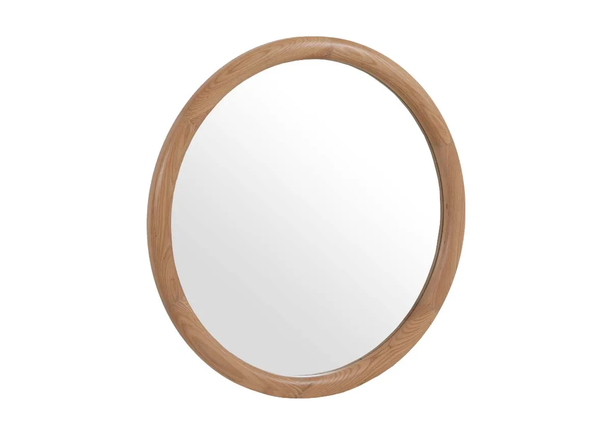 A round oak framed mirror from EZ Livings Furnitures Fisher range. Angled view.