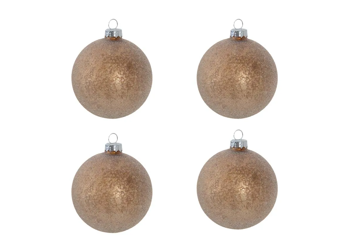 A set of 4 light brown distressed baubles from EZ Livings Christmas range. Front view of 4 Away in a Manger baubles.