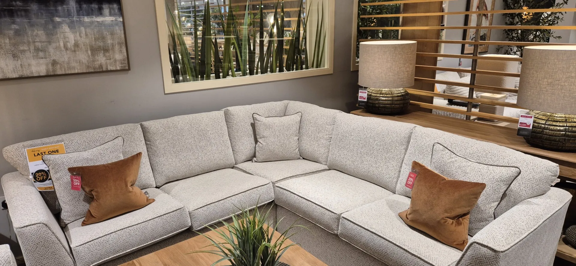 Carraroe Large Beige Fabric Corner Sofa & 2 Seater Beige Fabric Highback Sofa (Sligo Floor Model)