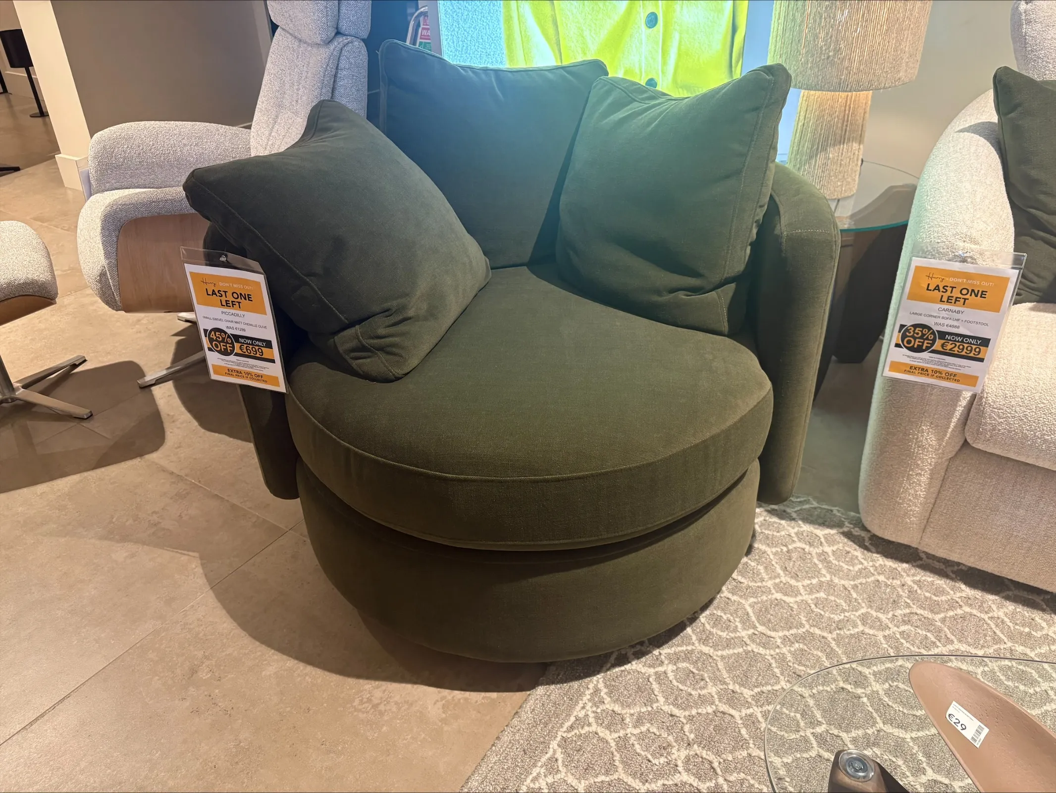 Piccadilly By Vogue Small Green Fabric Swivel Chair (Cavan Floor Model)