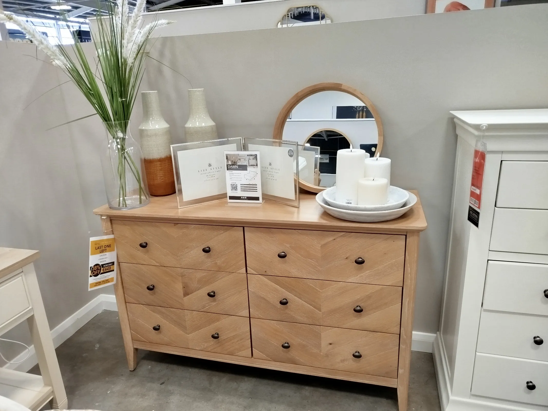 Chevron 6 Drawer Oak & Pine Wide Chest (Naas Rd Floor Model)
