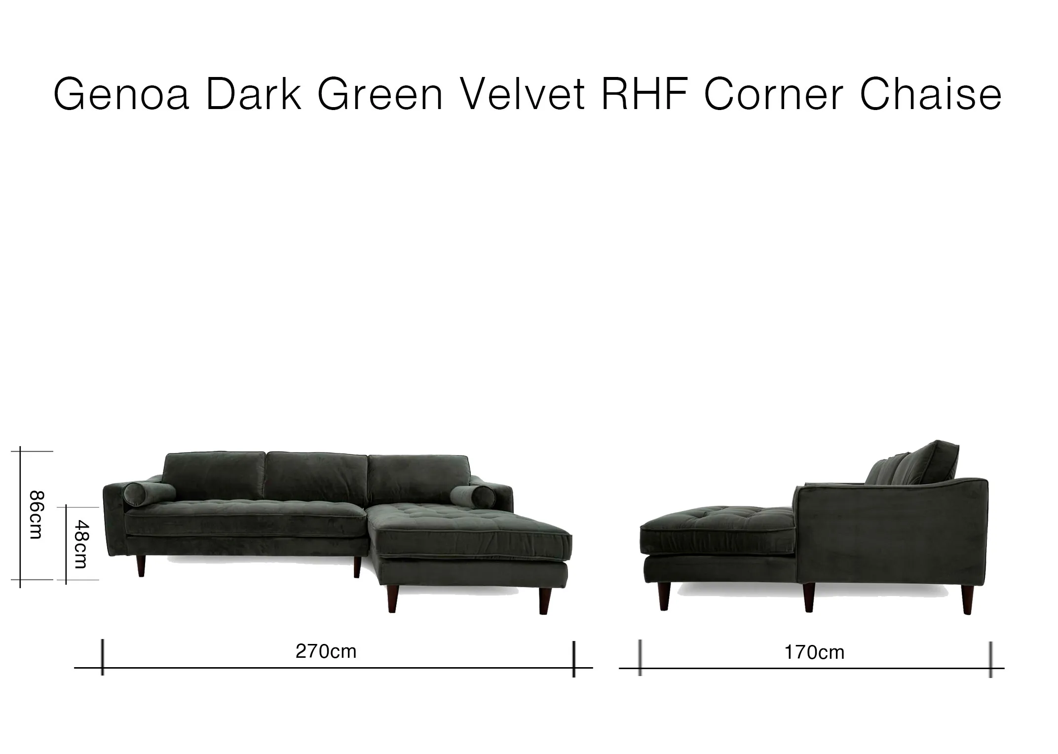 A dimension image of the Genoa Green RHF Chaise with 270cm x 170cm x 86cm