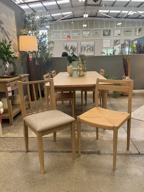 DAWN - Oak Dining Table 160/200cm with 4x Cord Straight Back & 2x Spindle Straight Back Dining Chairs (Tullamore Floor Model)
