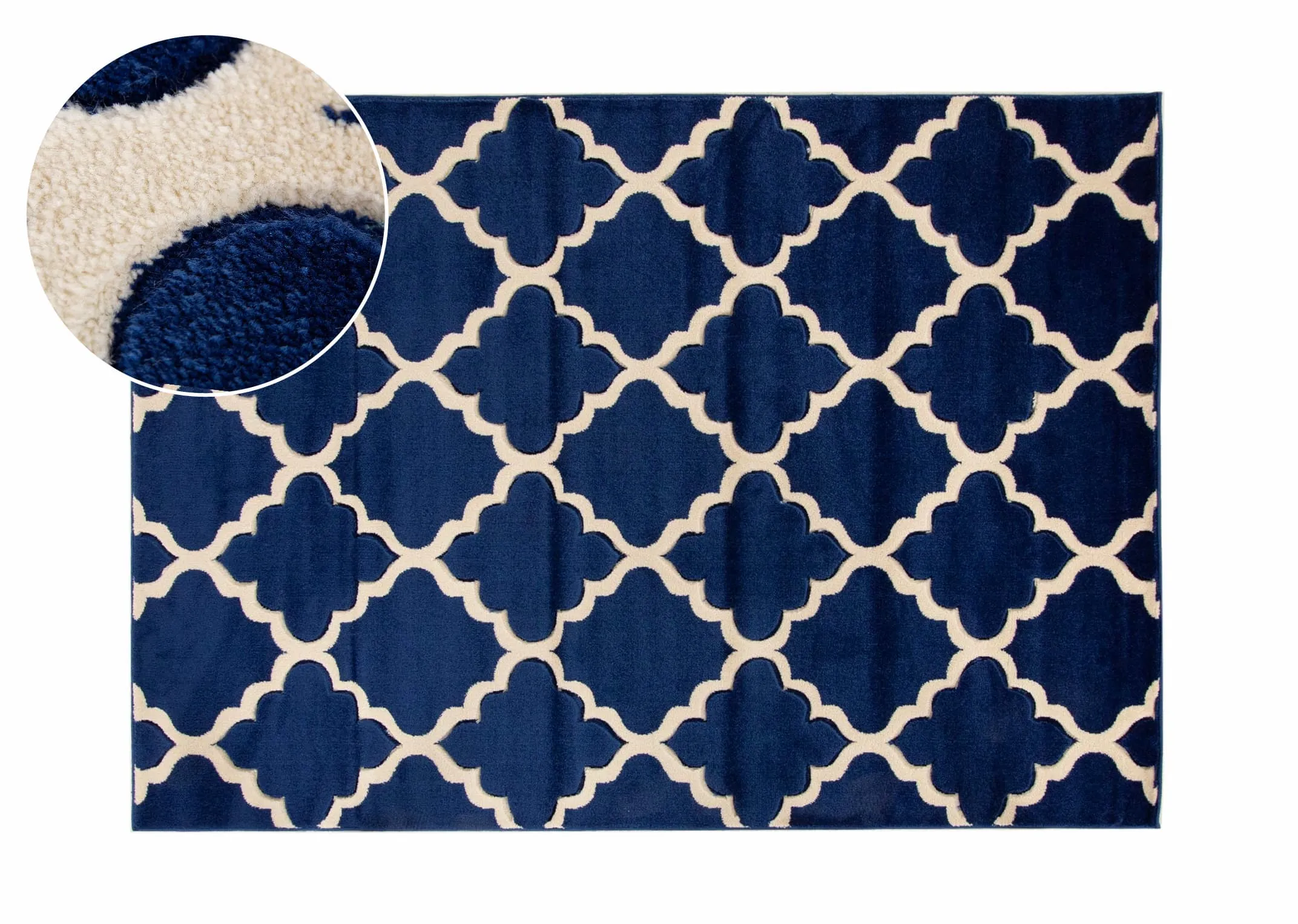 A navy blue rug with cream trellis design from EZ Livings Delia range. Front view of vertical rug