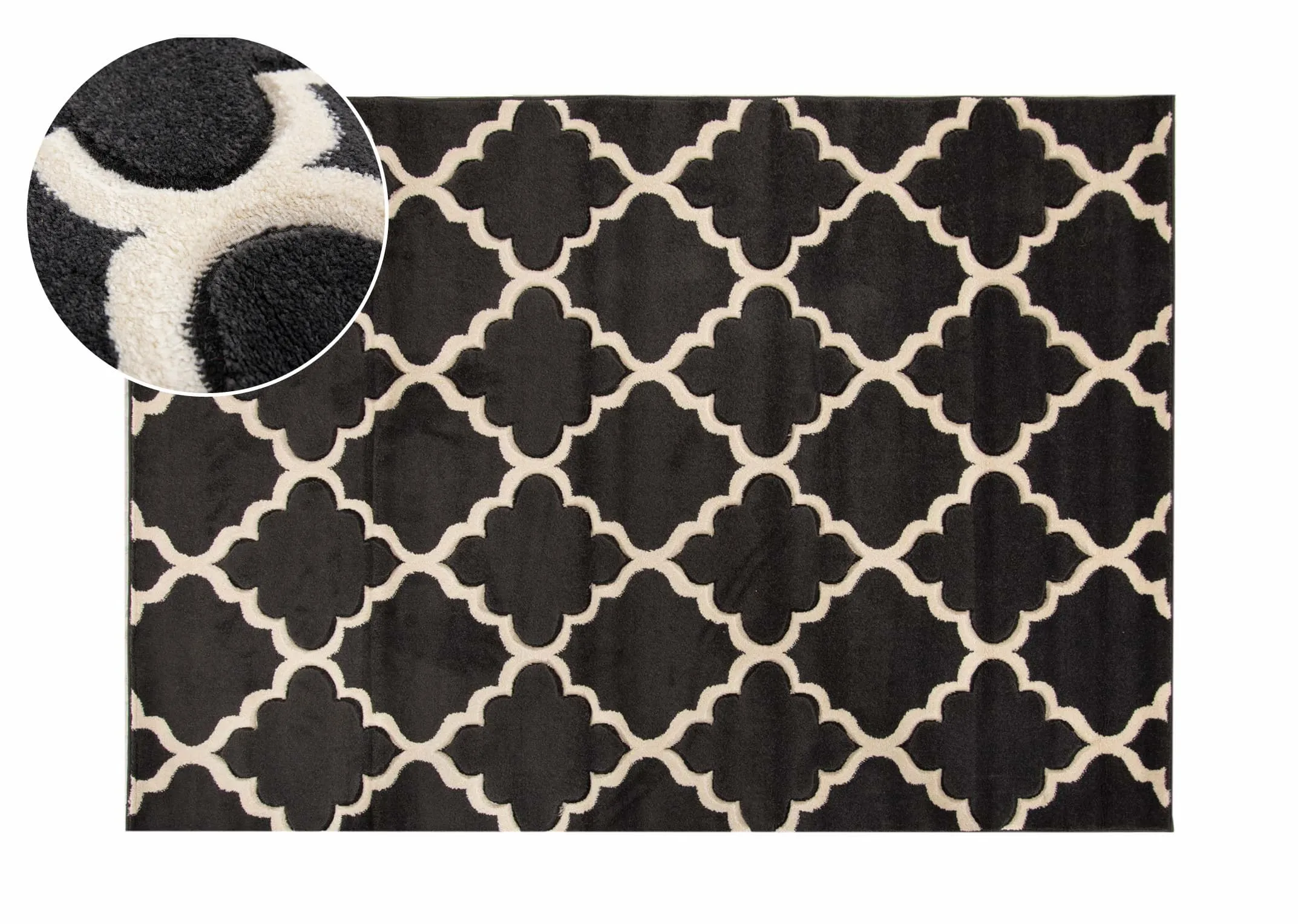 A dark grey rug with cream trellis design from EZ Livings Delia range.