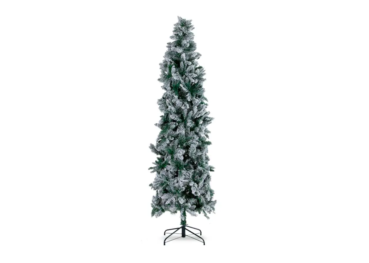 A slim 7ft white artificial christmas tree from EZ Livings Noble range. Front view of tree.