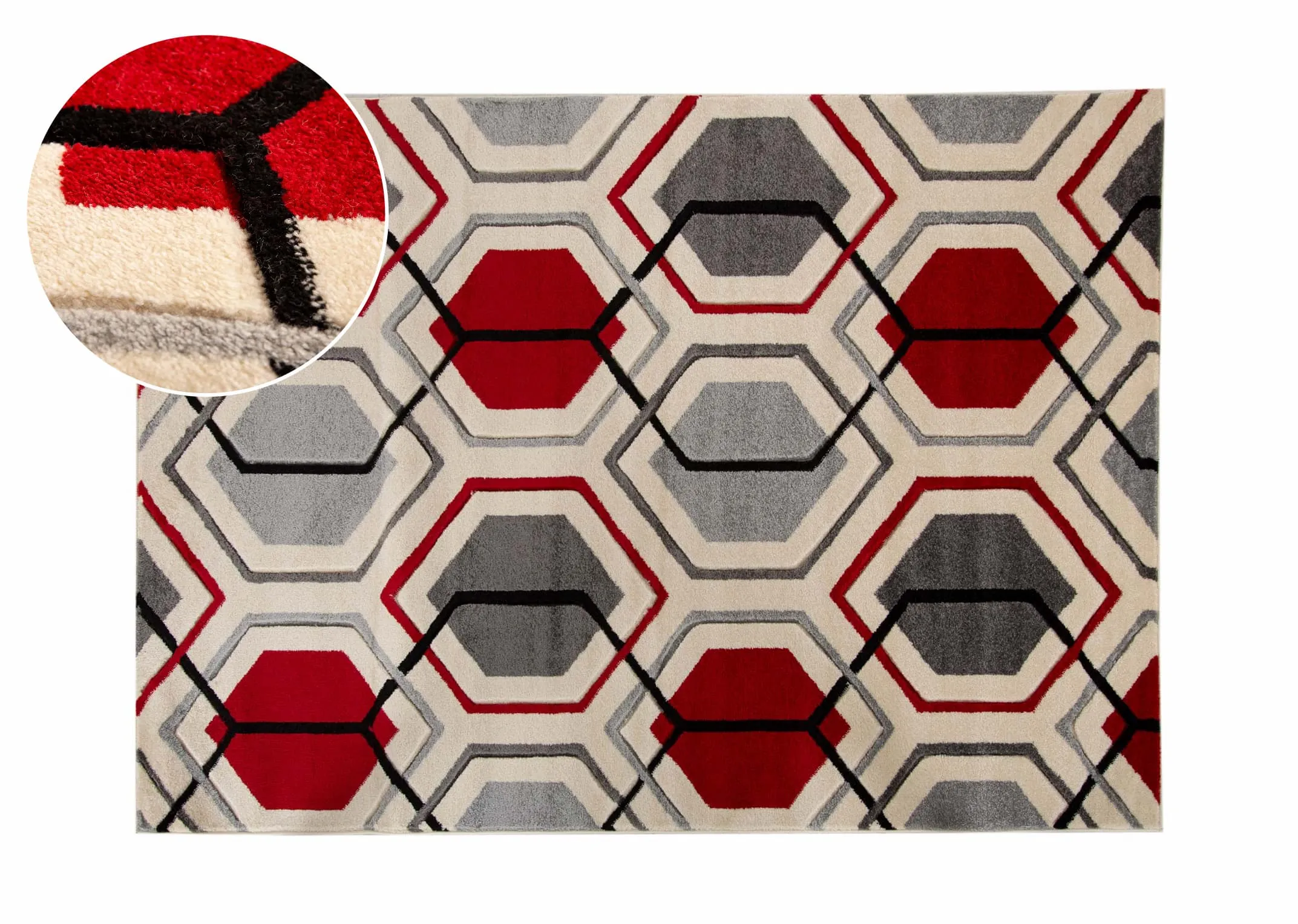 A cream rug with grey and deep red octagon pattern design from EZ Livings Forma range. Front vertical view of design.