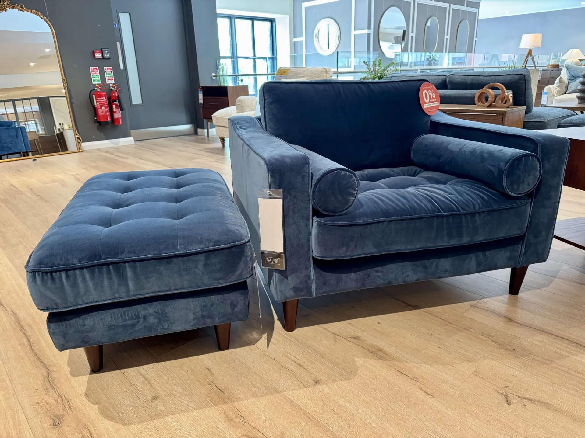 Genoa Blue Velvet Armchair & Large Blue Velvet Footstool (Tallaght Floor Model) 