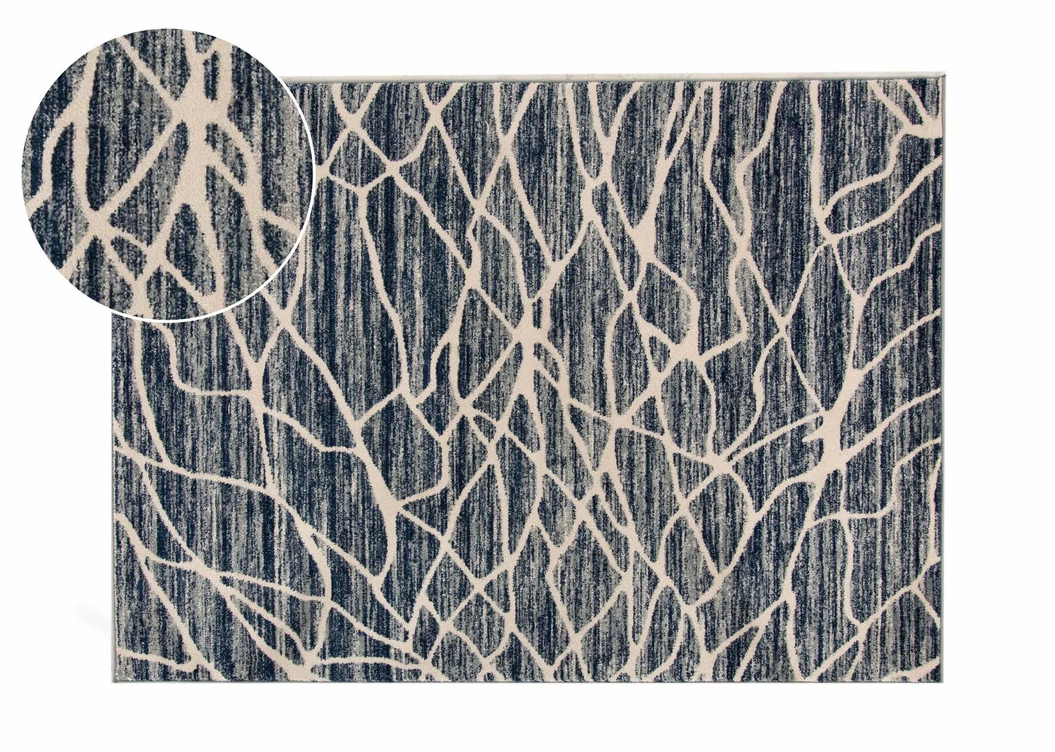 A navy blue rug with cream cracked pattern from EZ Livings Grotto range. Front view of rug