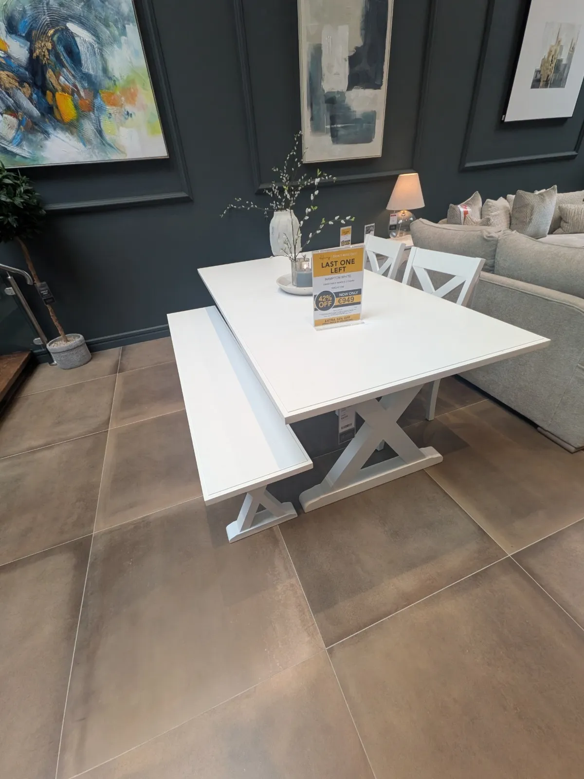 Hampton 200cm White Dining Table & 190cm White Dining Bench & 3 x White Dining Chair with Fabric Seat (Castlebar Floor Model)