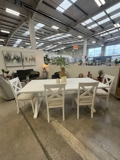 Hampton White Dining Table 200cm with 4x Dining Chairs and Dining Bench 190cm (Tullamore Floor Models)