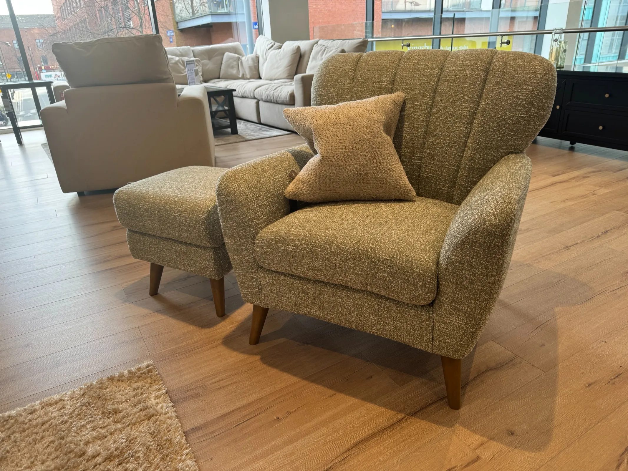 Harper Light Green Fabric Armchair & Light Green Fabric Footstool (Tallaght Floor Model)