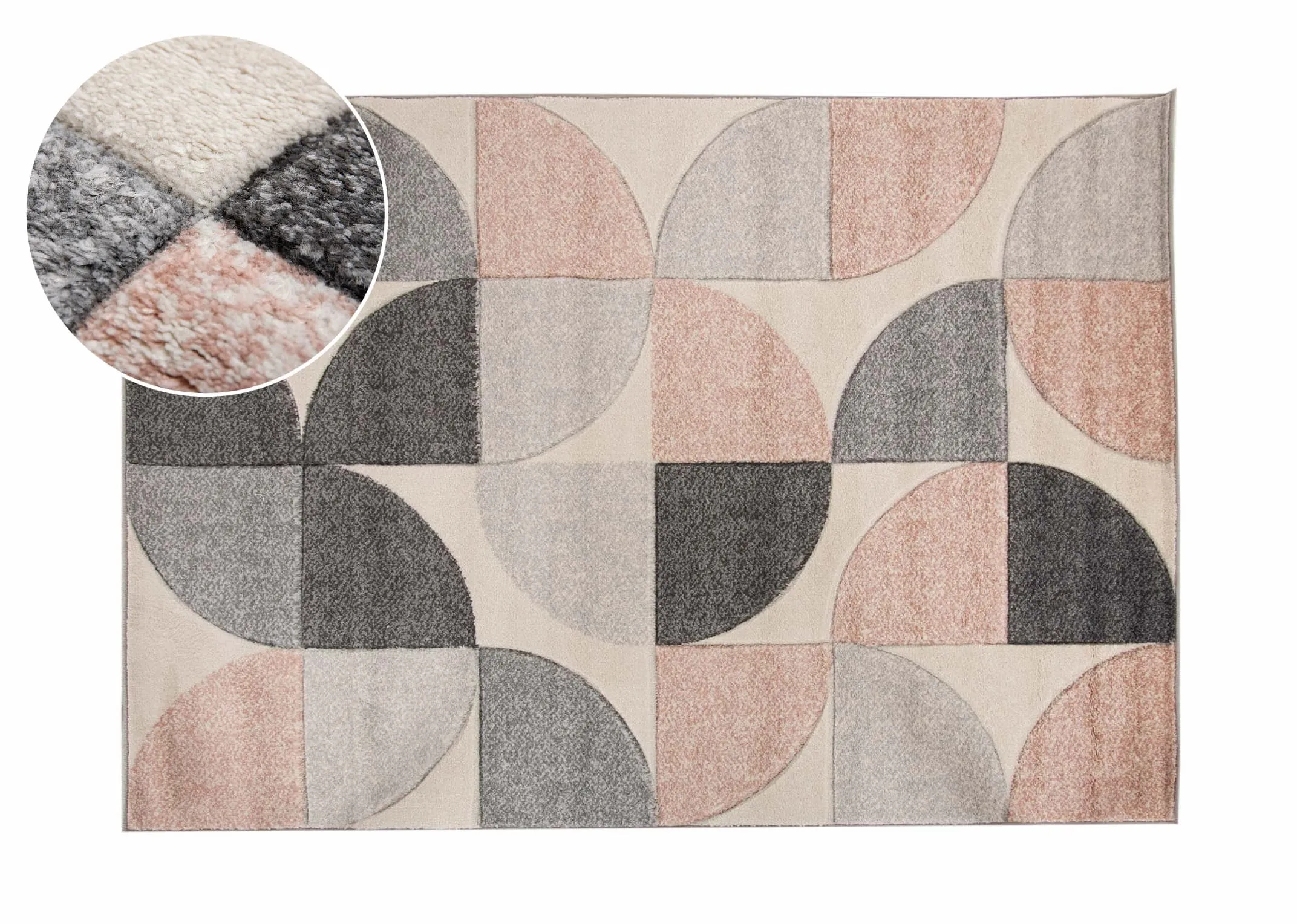 A cream rug with blush pink & grey quart circular shapes from EZ Living Furnitures Holden range. Front view of design.