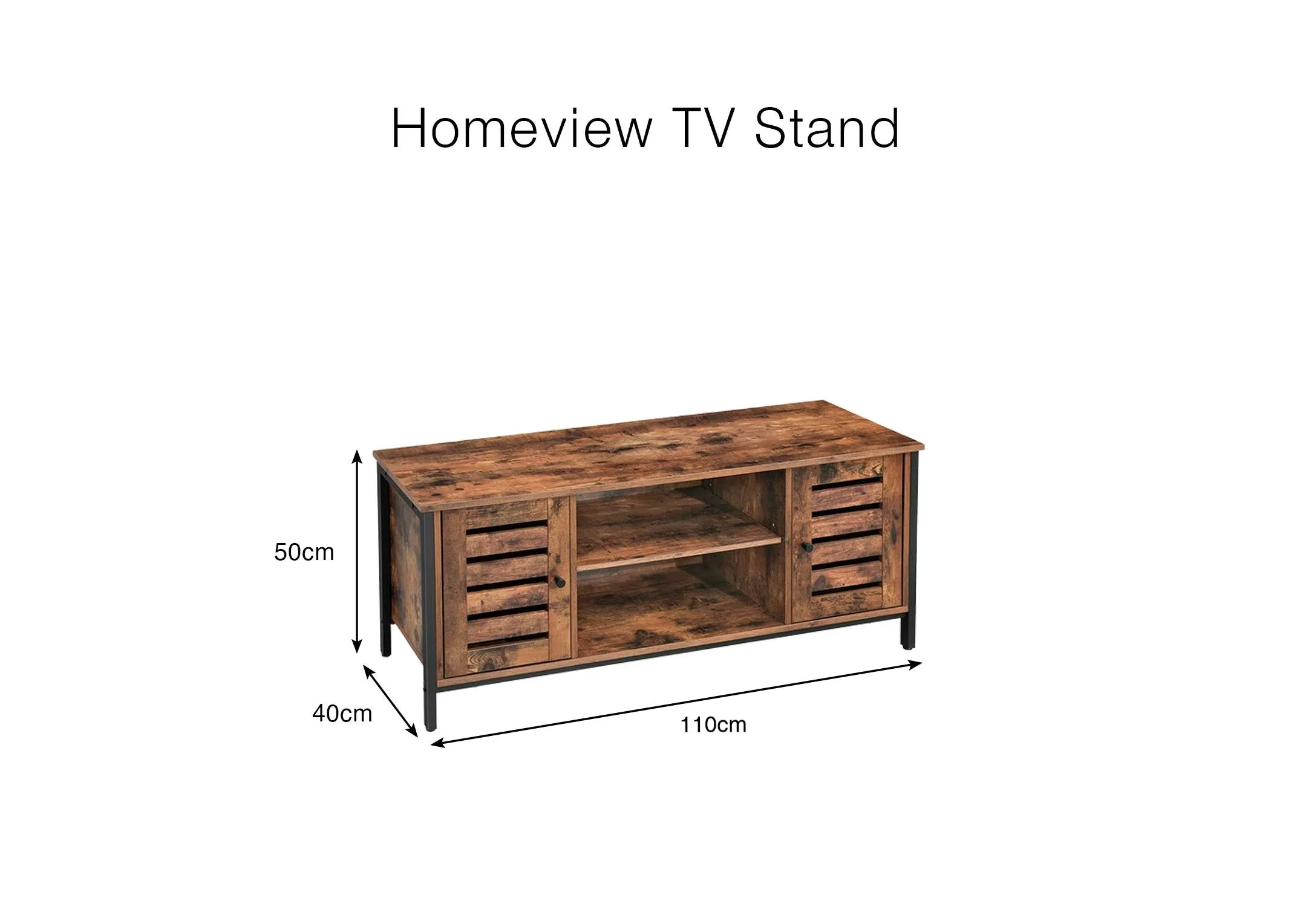A dimension image of the Homeview stand with 110cm x 50cm x 40cm