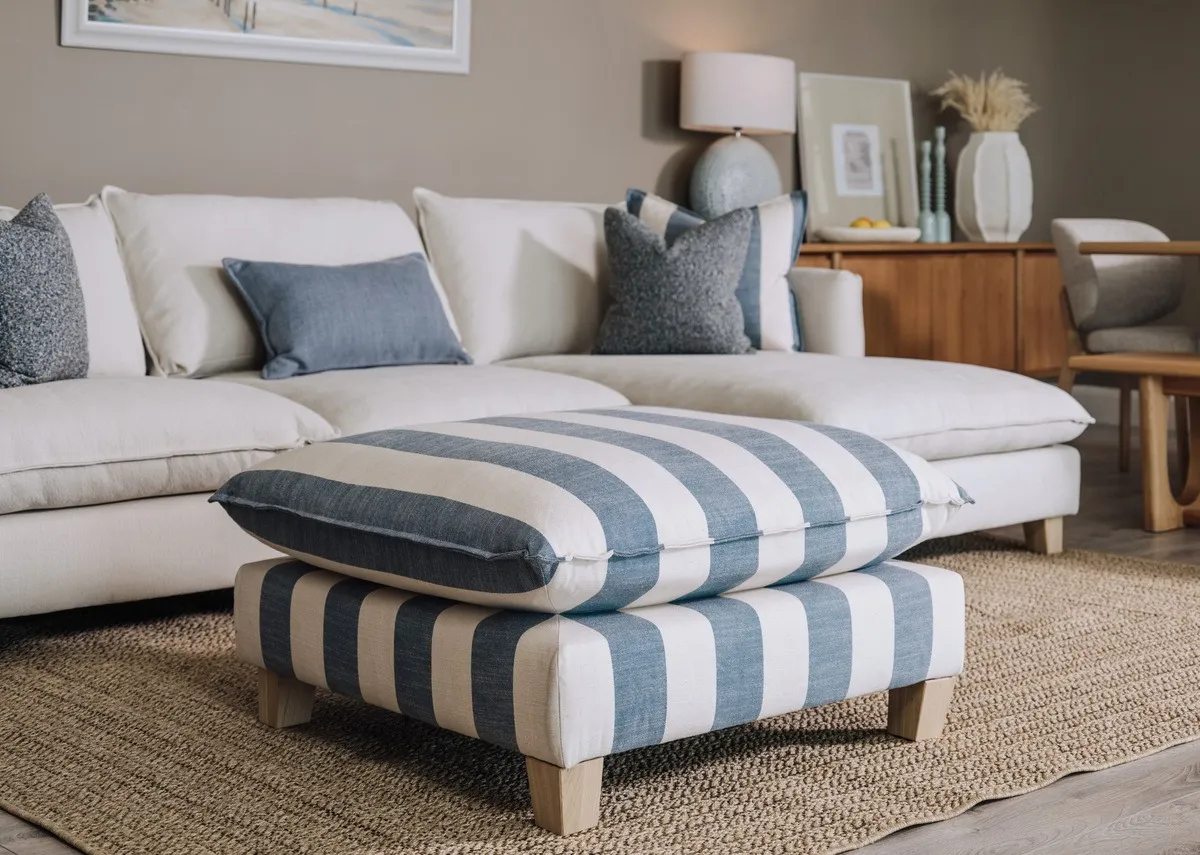 Blue & White Stripe Fabric Footstool - Howth By Vogue