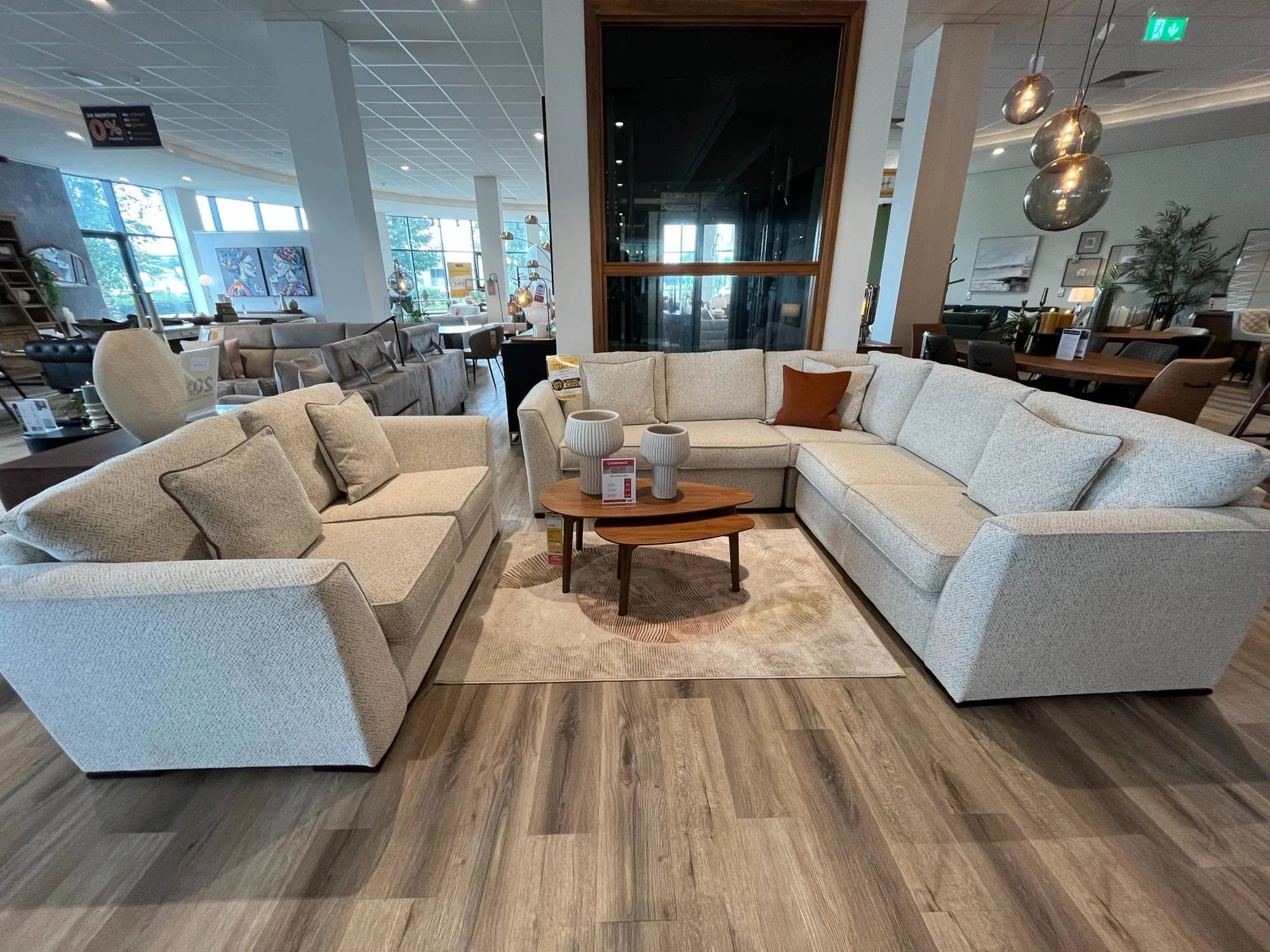 Carraroe Large Beige Fabric Corner Sofa & 2 Seater Beige Fabric Highback Sofa(Limerick Floor Model)
