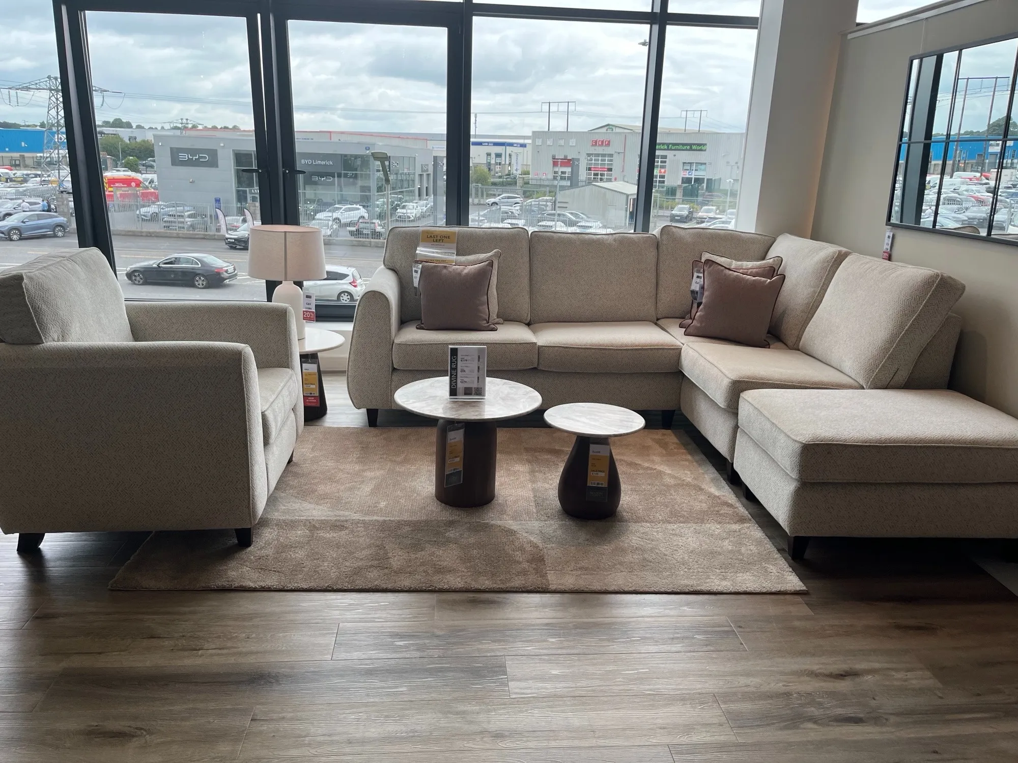 WATERVILLE CORNER GROUP AND POUFFEE LHF & Beige Fabric Armchair (Limerick Floor Model)