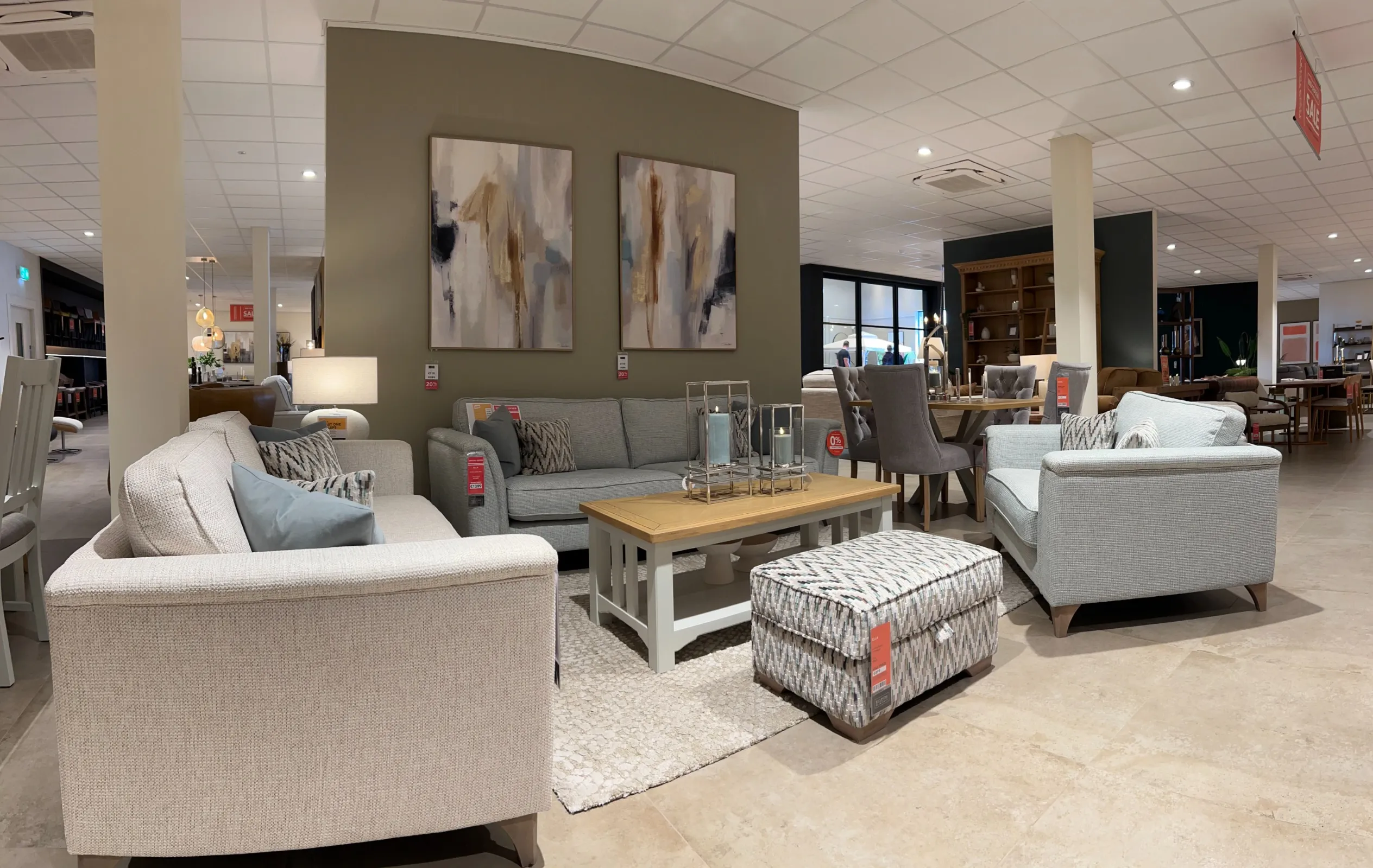 Ella Blue Accent Fabric Cuddler & 4 Seater Blue Accent Fabric Sofa & 3 Seater Beige Fabric Sofa & Footstool (Cavan Floor Model)