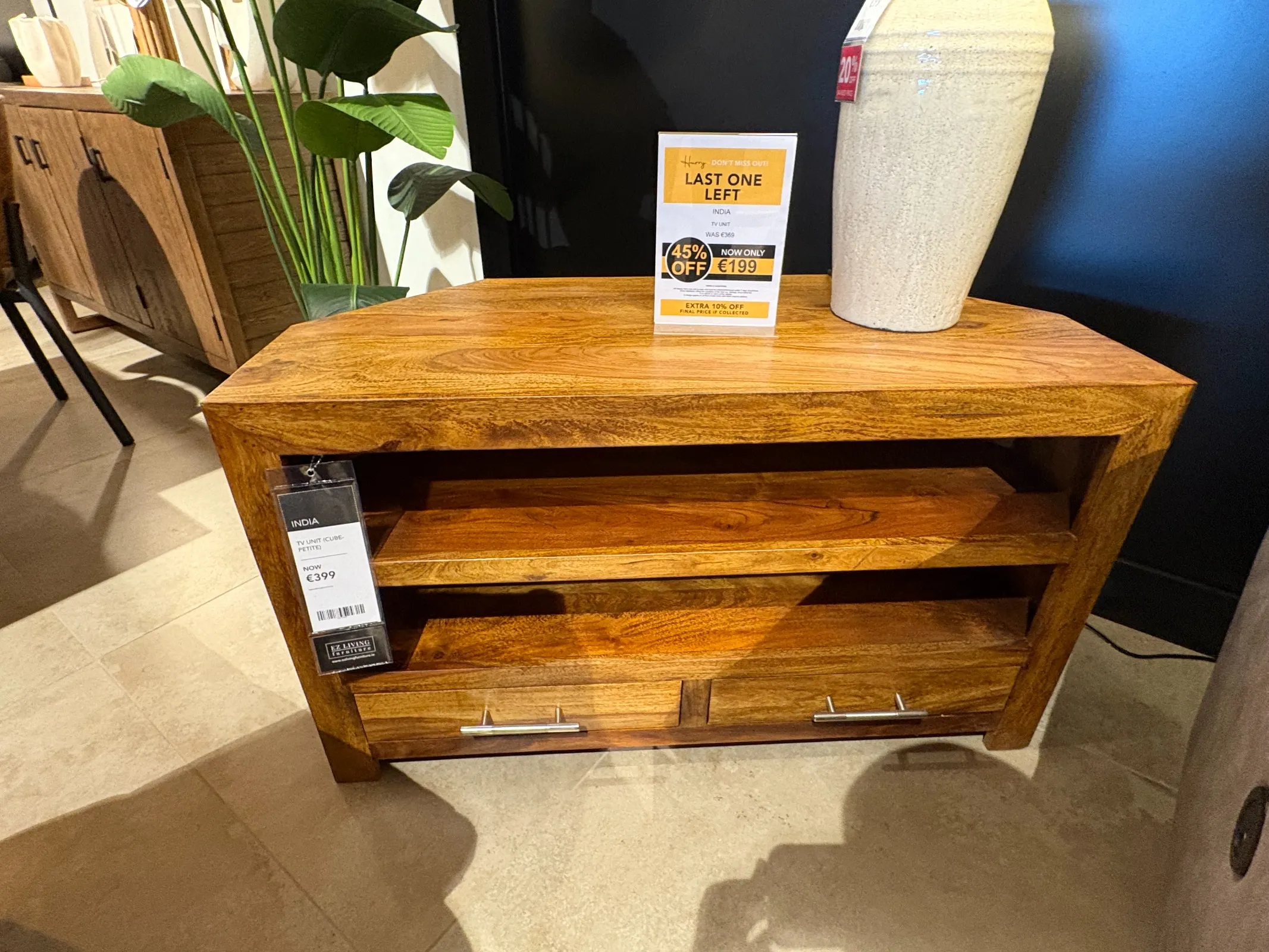 India Two Drawer Sheesham Wood Corner TV Unit (Drogheda Floor Model)