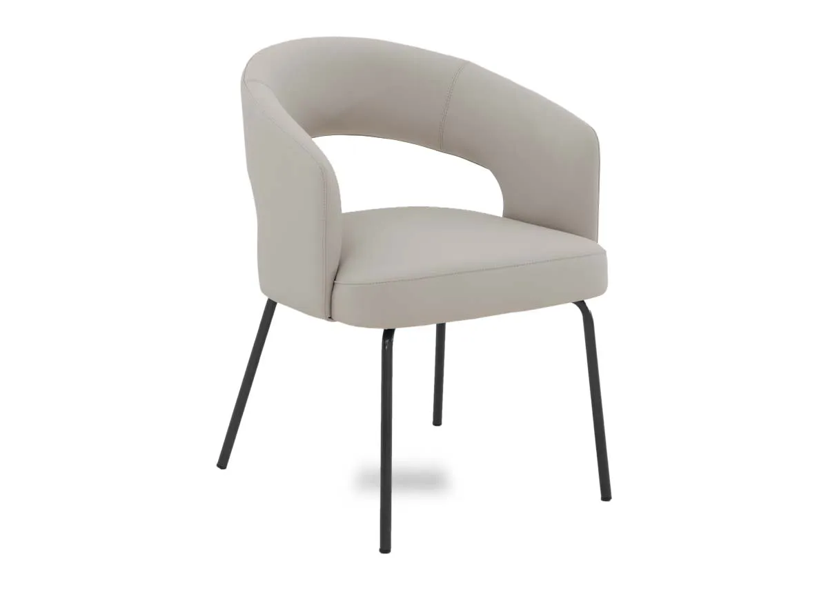 A white leather dining chair with metal legs from EZ Livings Matteo range. Angled view