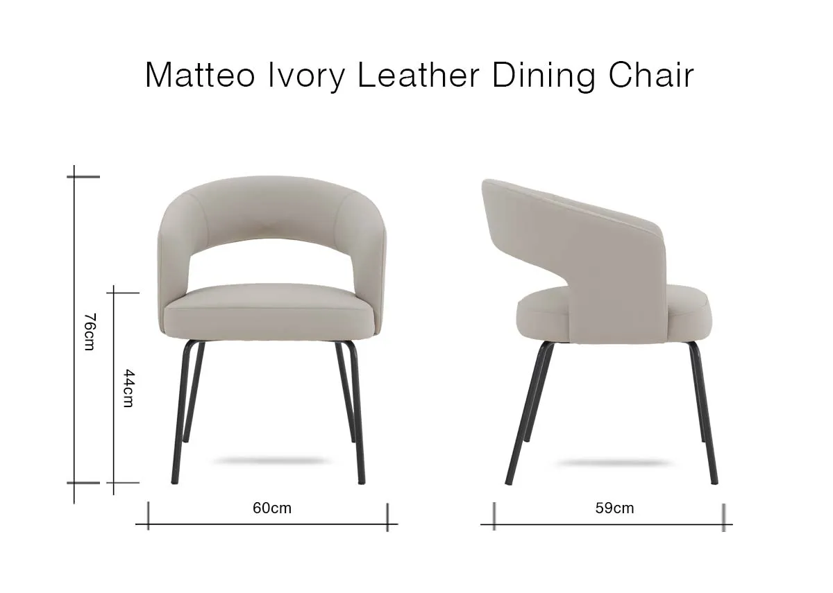 A dimension image of the Matteo Ivory Leather Dining Chair with 60cm x 59cm x 76cm