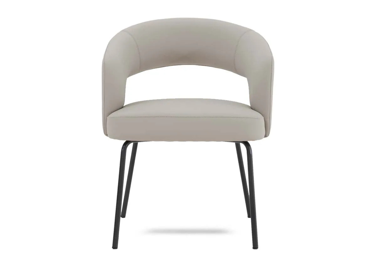 A white leather dining chair with metal legs from EZ Livings Matteo range.Front view