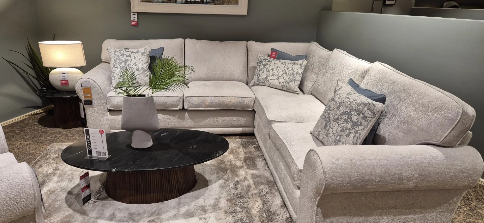 Kenmare Light Grey Fabric Corner Sofa & Light Grey Fabric Armchair (Sligo Floor Model)