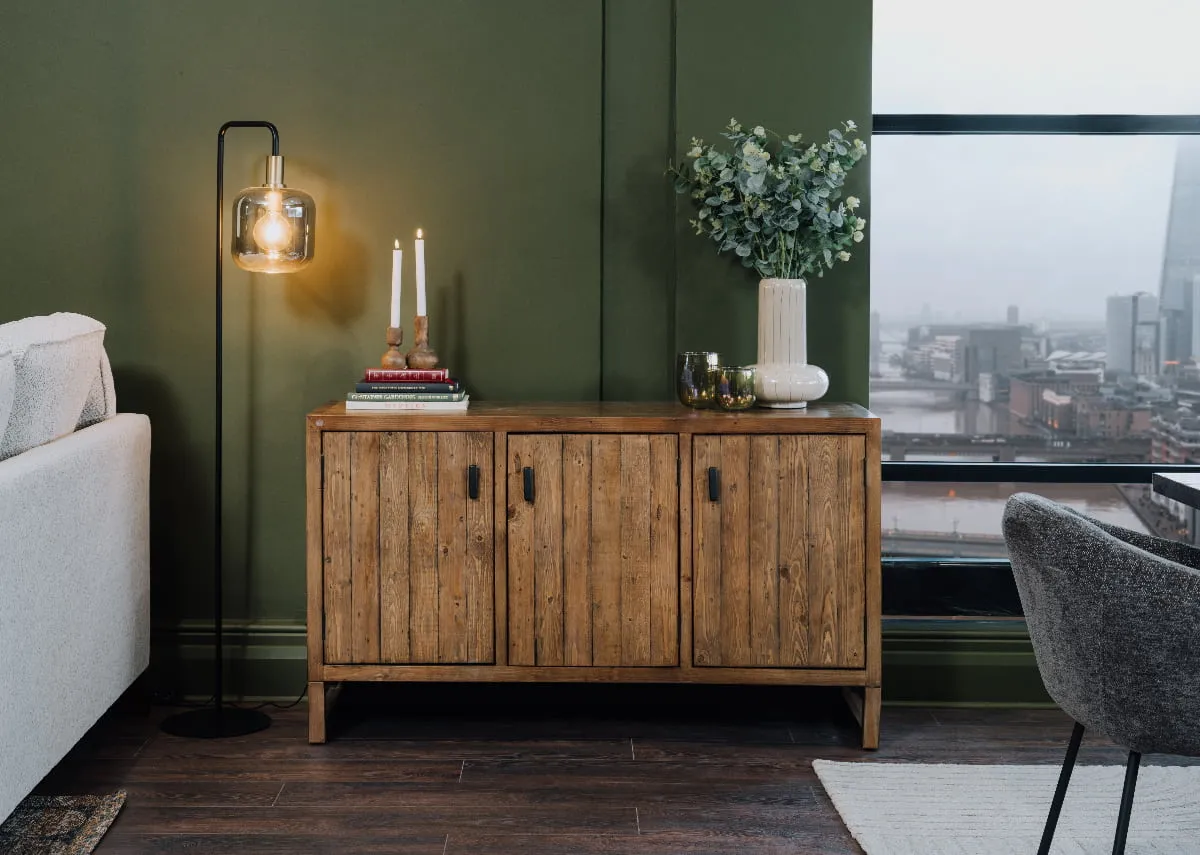 A brown cashew 3 door sideboard from EZ Livings Ladder range. Front view of black metal handles on doors.