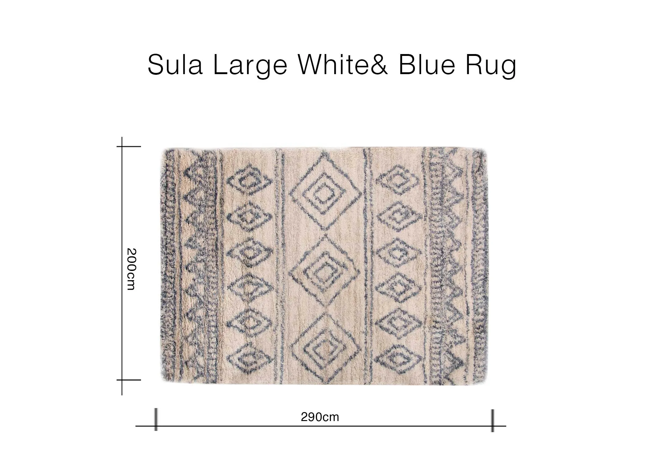 A dimension image of the Large Sula rug with 290cmx 200cm