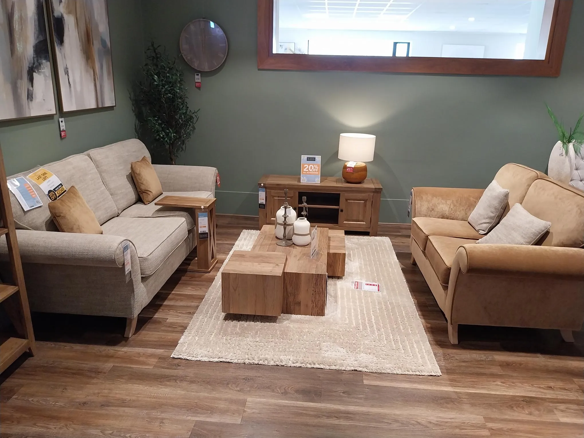 Lauren 4 Seater Beige Fabric Foam Highback Sofa & 2 Seater Gold Velvet Foam Highback Sofa (Galway Floor Model)