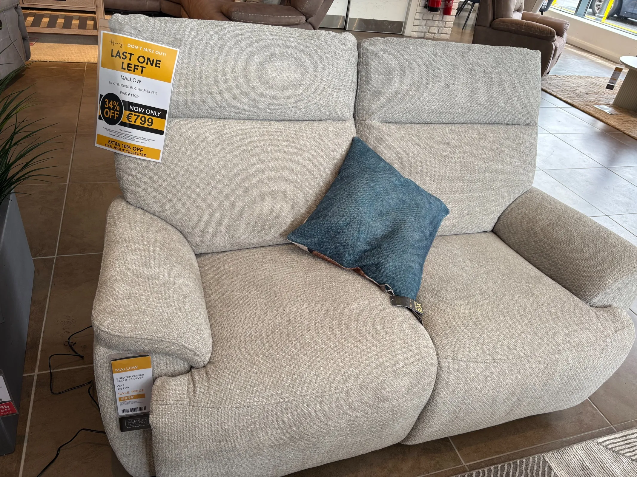 Mallow 2 Seater Silver Fabric Power Reclining Sofa (Tallaght Floor Model)