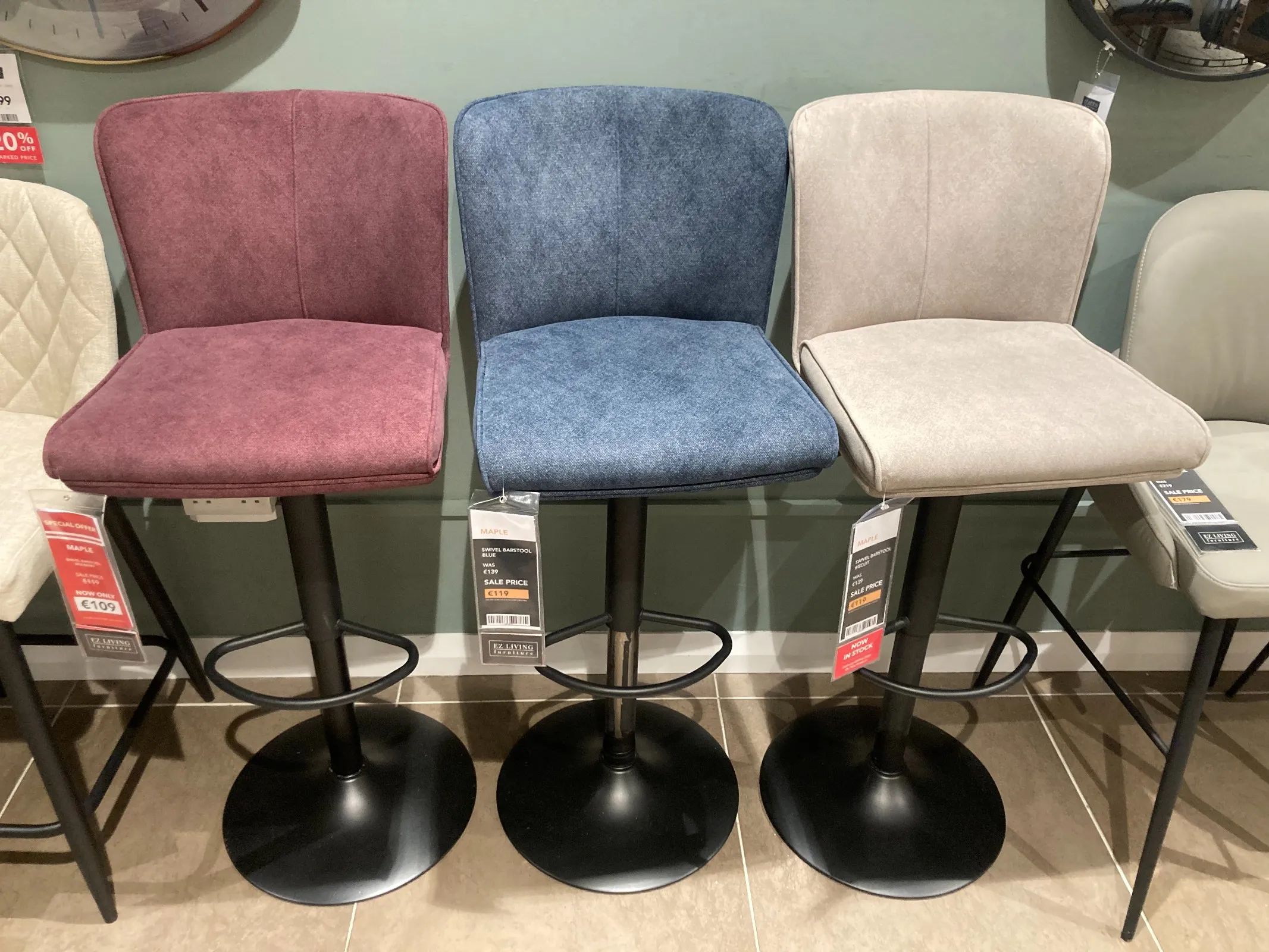 Maple Blue Fabric Swivel Bar Stool (Clonmel Floor Model)