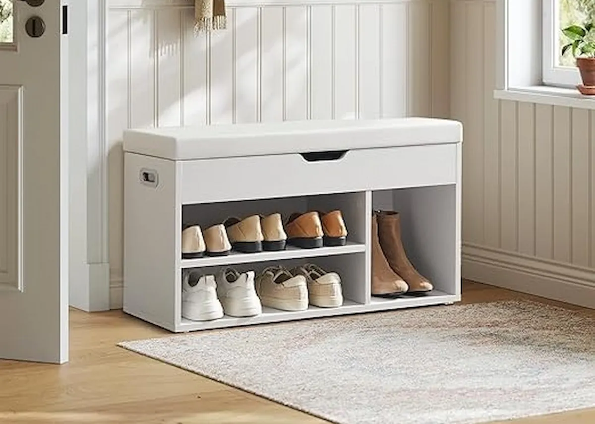 1 Drawer White Shoe Bench with Seat - Monica