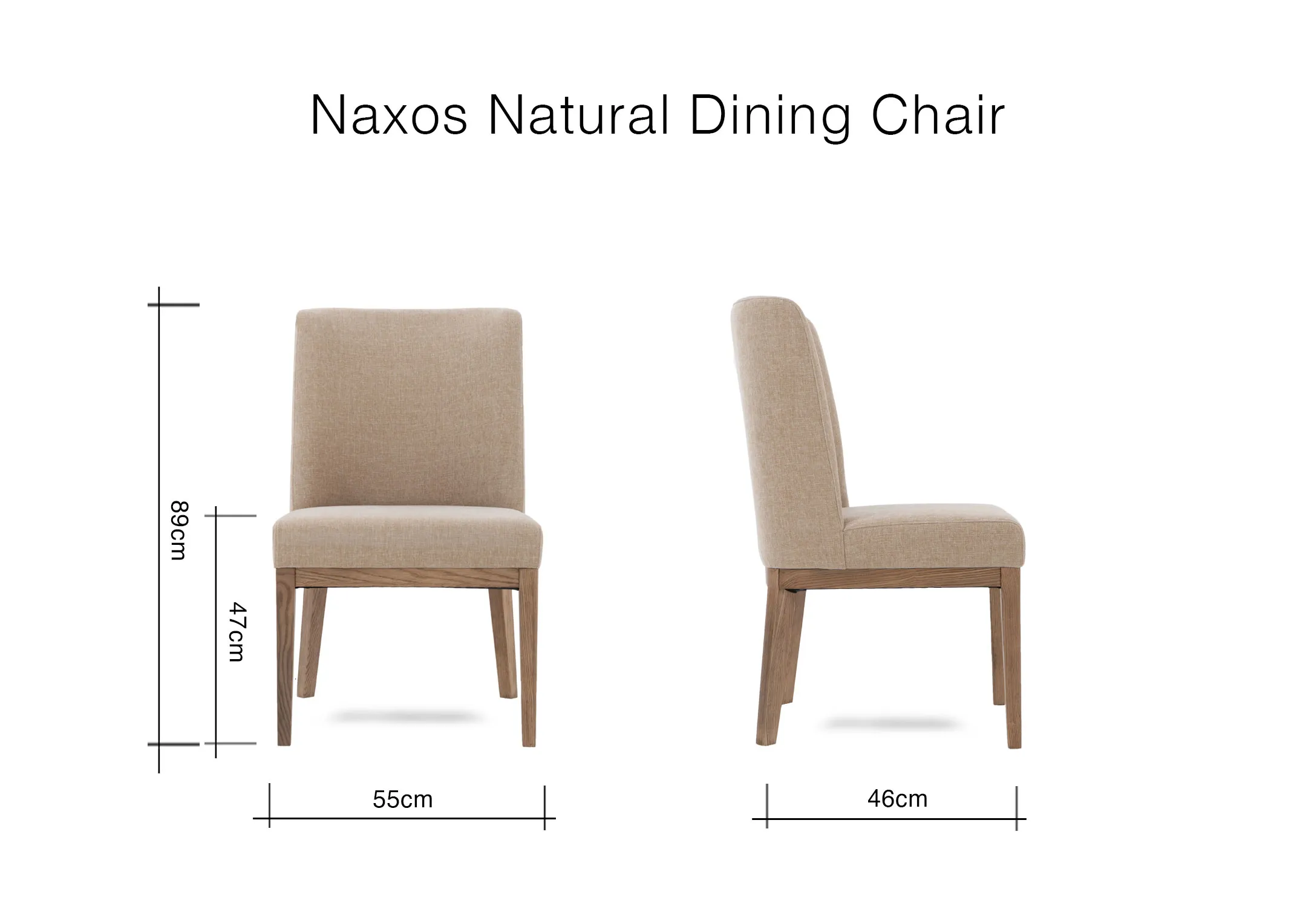 A dimension image of the Naxos natural dining chair with 55cm x 46cm x 89cm