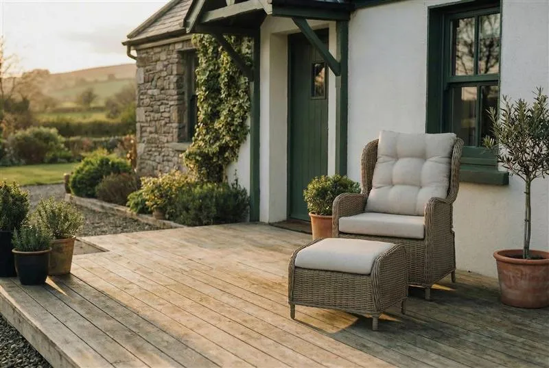 A lifestyle image of the Laurel relciner and ottoman set on a decking outside a cottage.