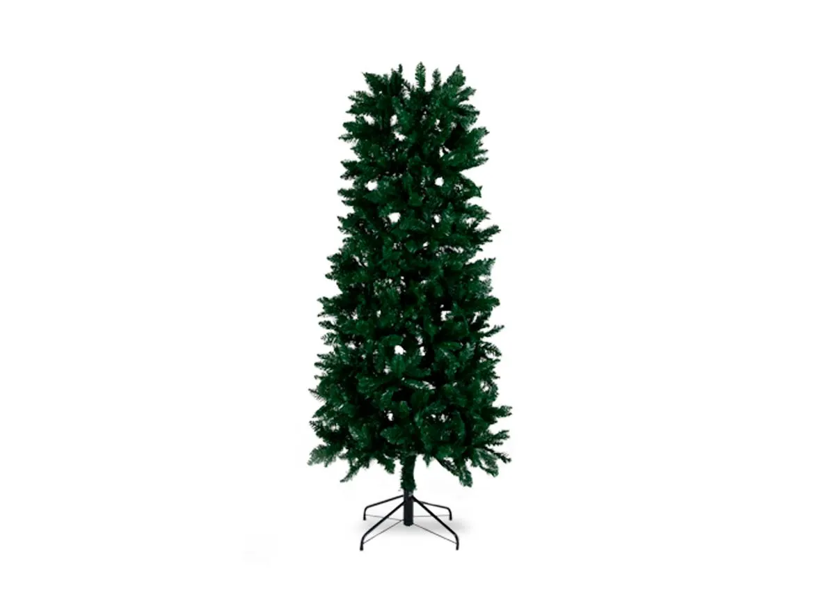 A 7ft artificial green Christmas tree from EZ Livings Noble Slim range. Closeup of metal stand
