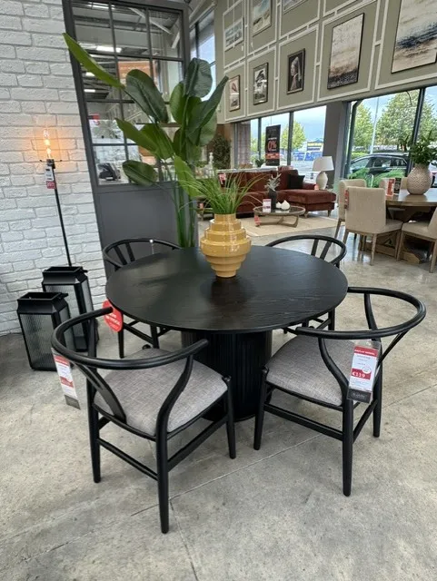 Nola 120cm Black Oak Round Dining Table & 4 x Wishbone Black Dining Chair with Grey Seat (Tullamore Floor Model)