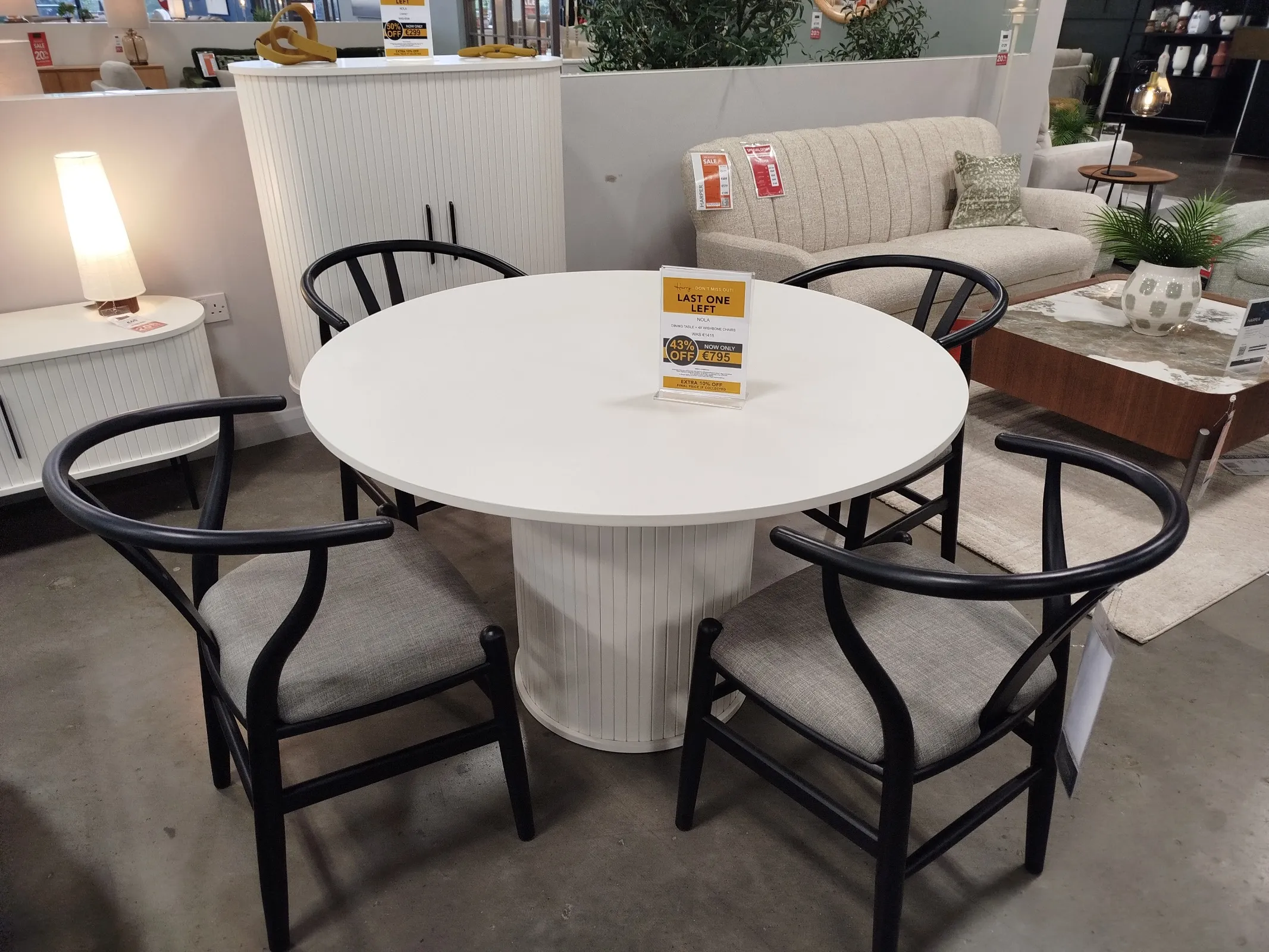 Nola 120cm White Oak Round Dining Table & 4 x Wishbone Black Dining Chair with Grey Seat (Naas Road Floor Model)