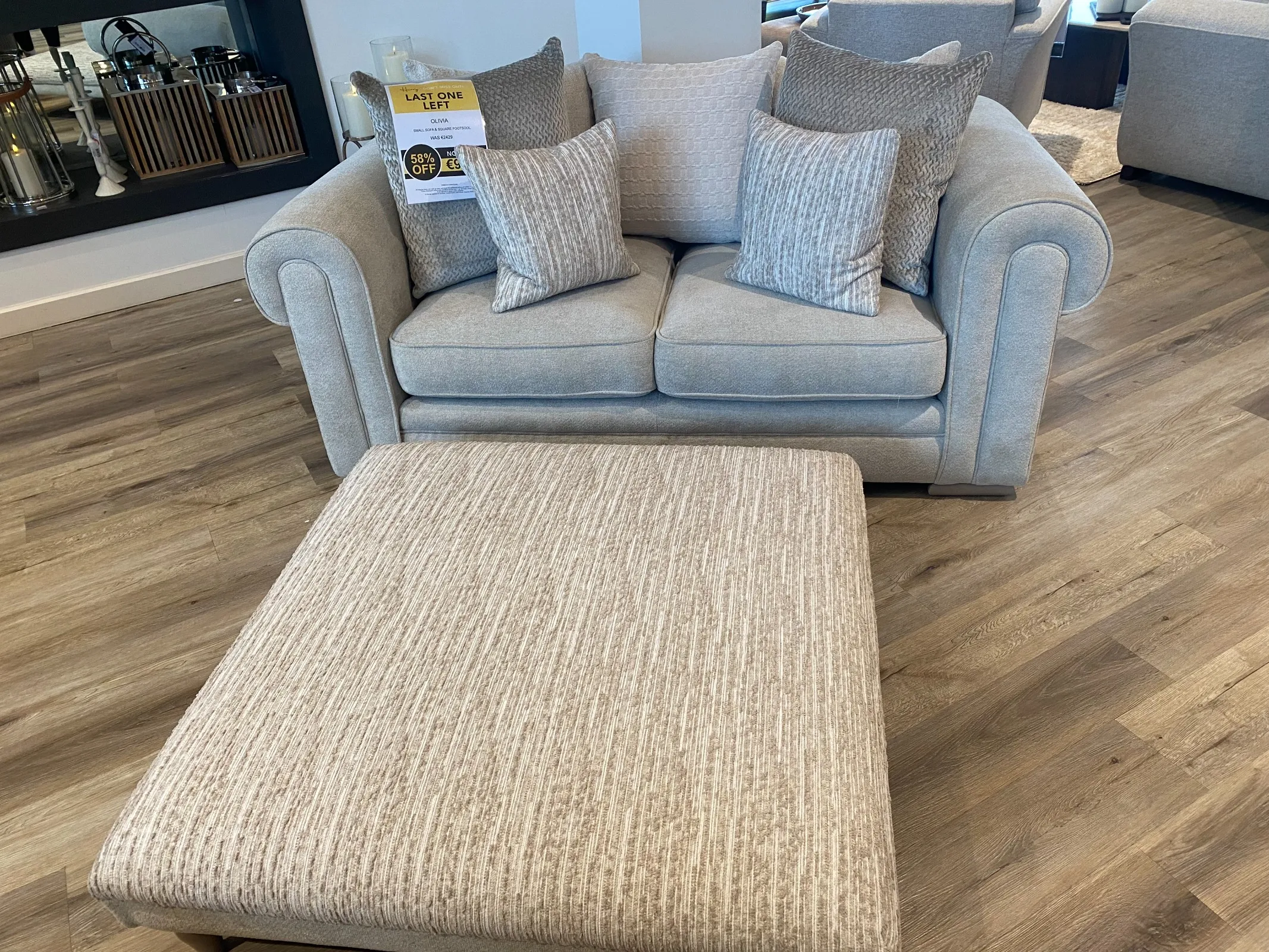 Olivia 2 Seater Beige Fabric Pillowback Sofa & Large Cream Fabric Square Footstool (Limerick Floor Model)