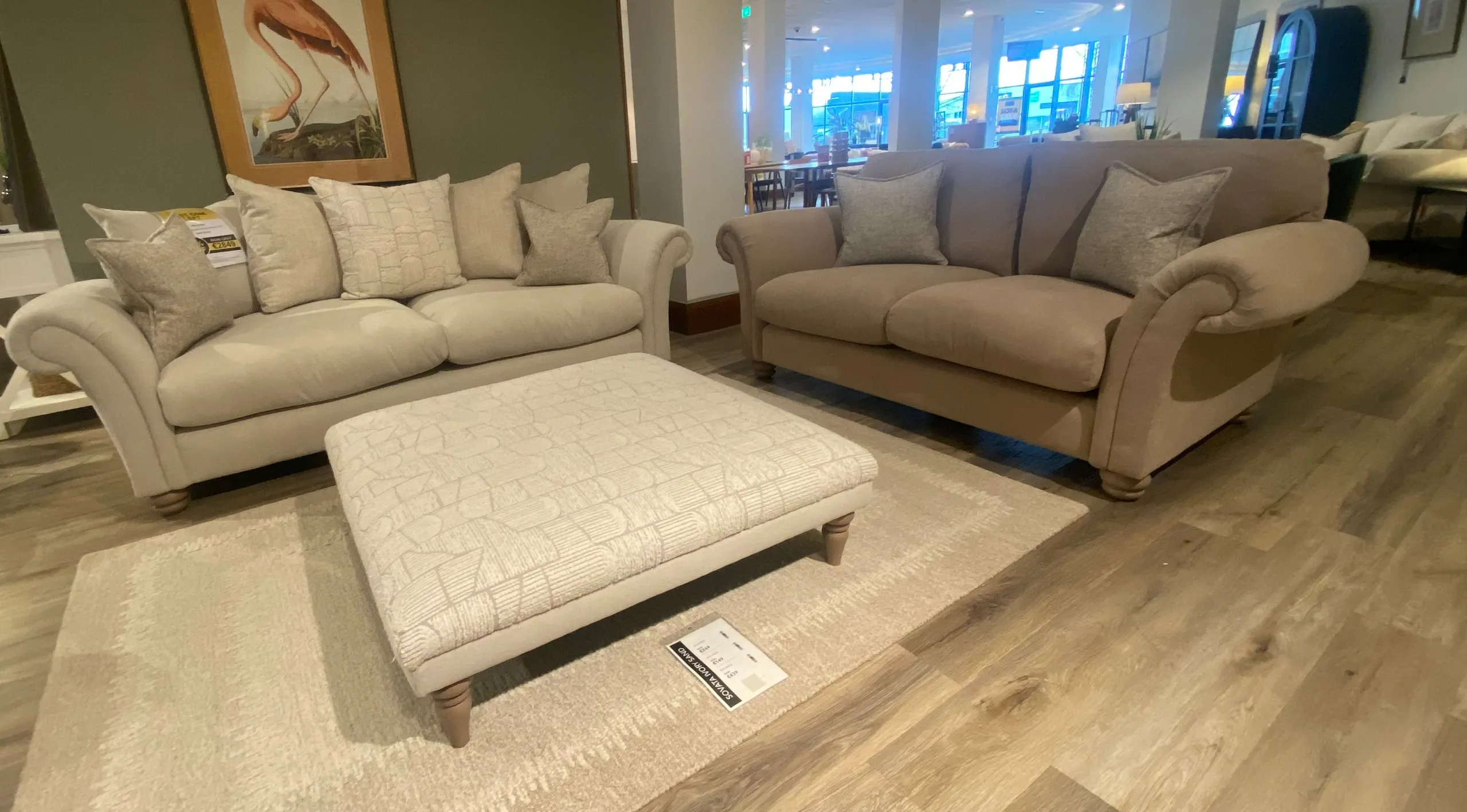 Large Pillow Back Sofa & Medium Highback Sofa With Two Scatter Cushions & Square Footstool (Limerick Floor Model)