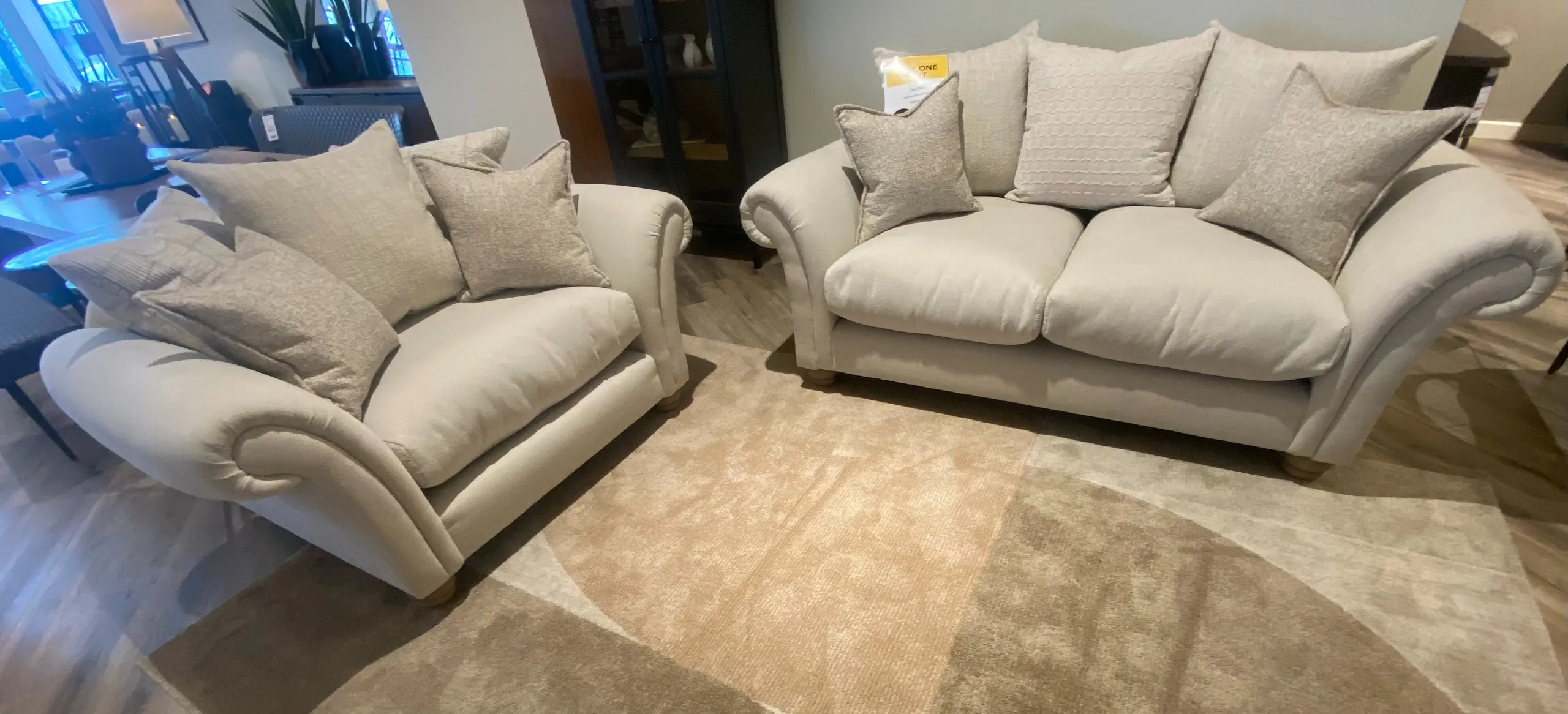 Paloma 2 Seater Cream Fabric Pillowback Sofa & Cream Fabric Pillowback Cuddler (Limerick Floor Model)