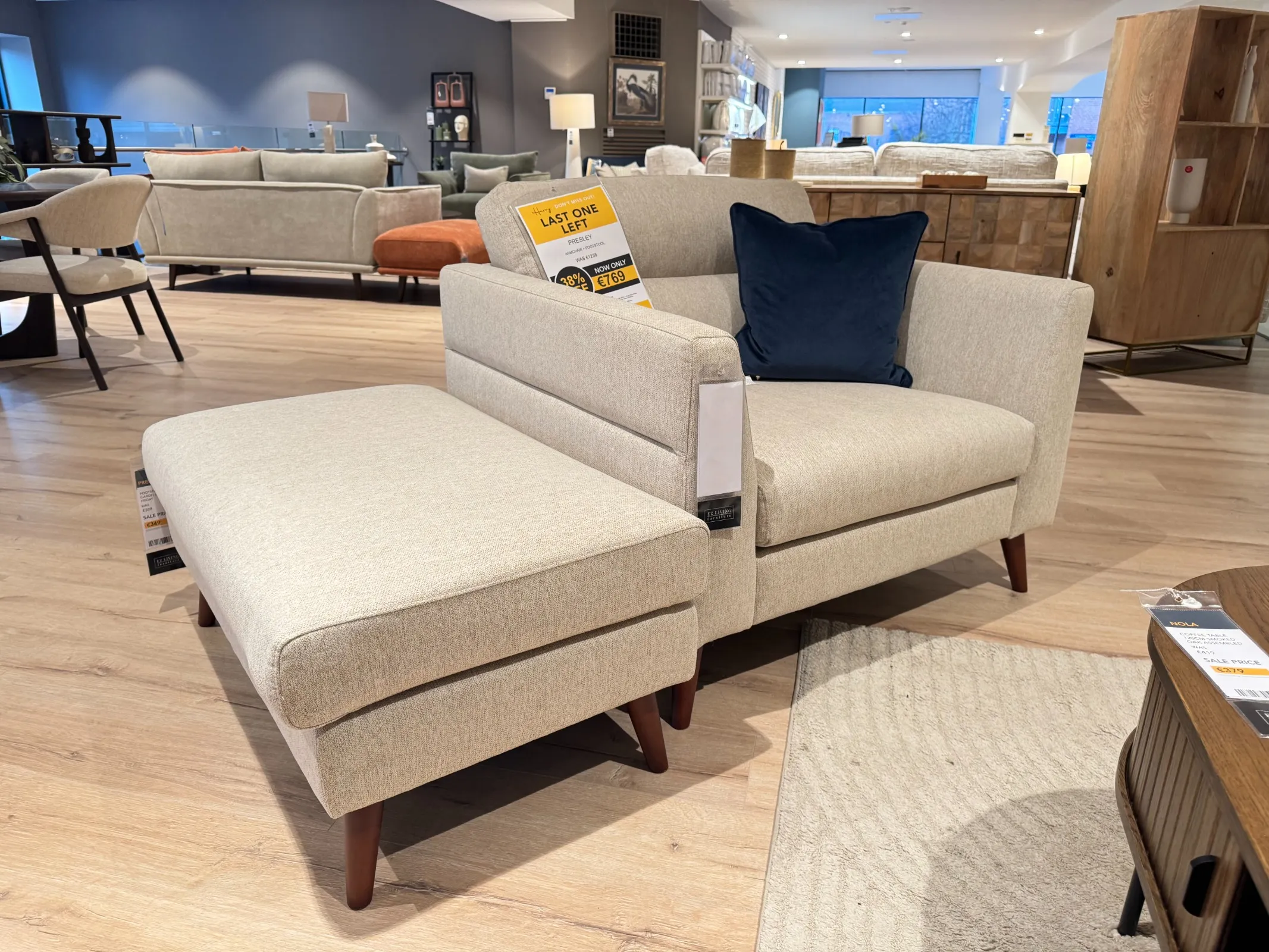 Presley Beige Fabric Armchair & Large Beige Fabric Footstool (Tallaght Floor Model)