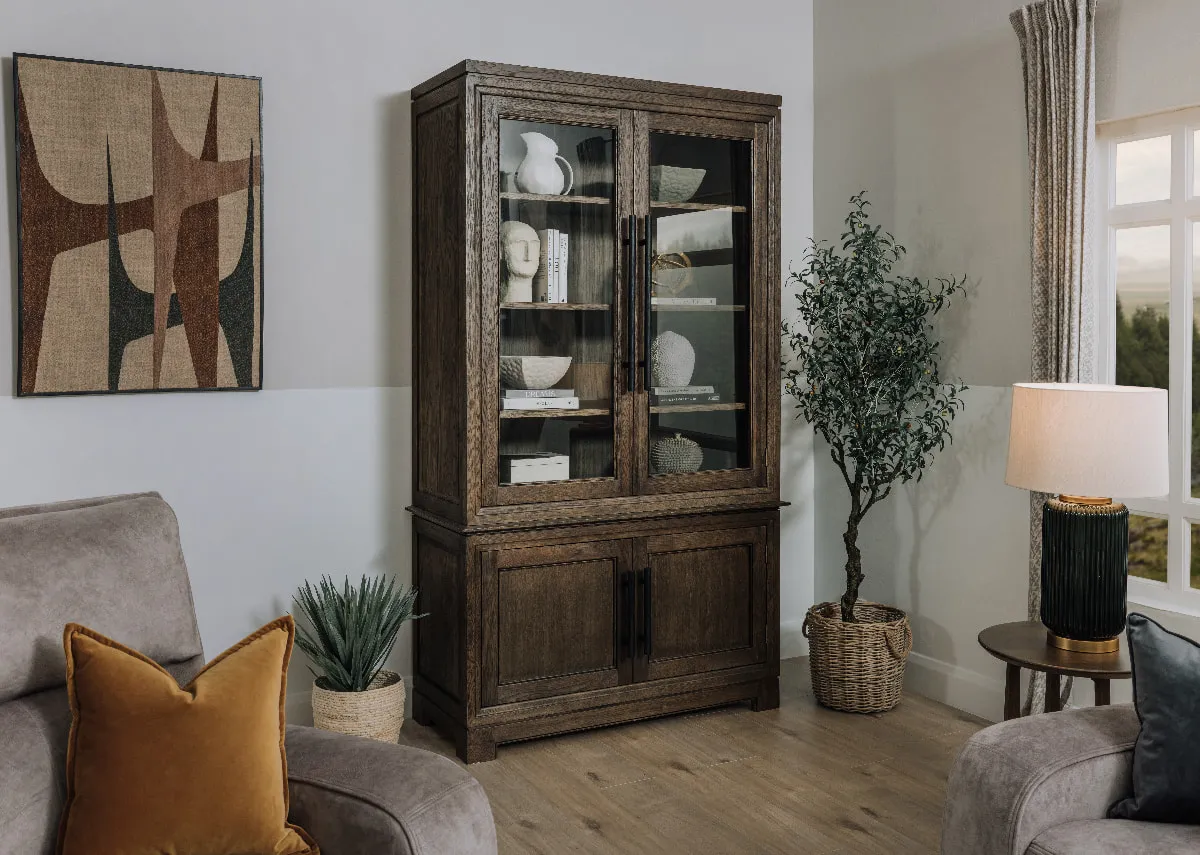 4 Door Brown Oak Display Cabinet - Belleek