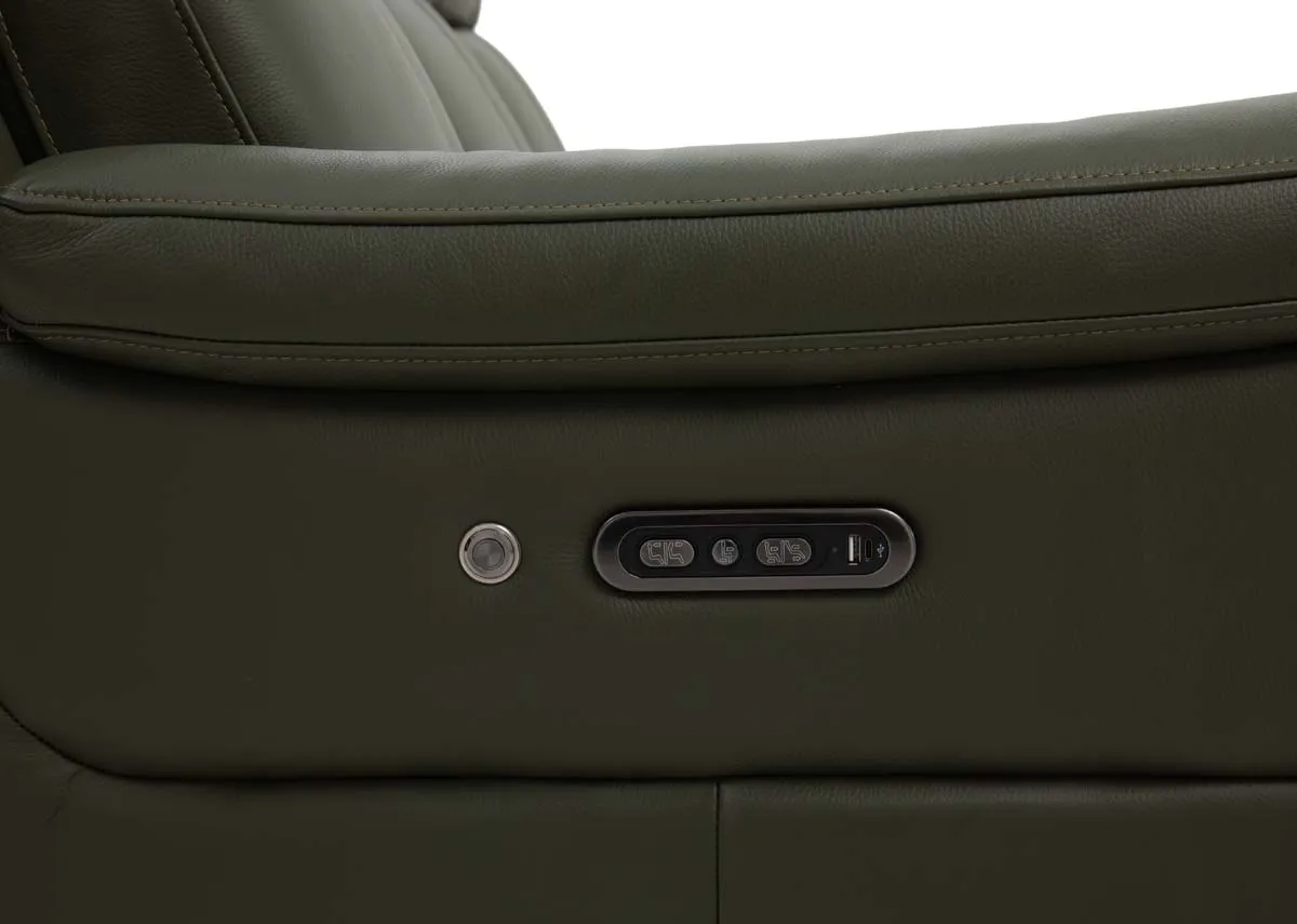 A 3 seater green leather sofa from EZ Livings Elliott range.Closeup of buttons