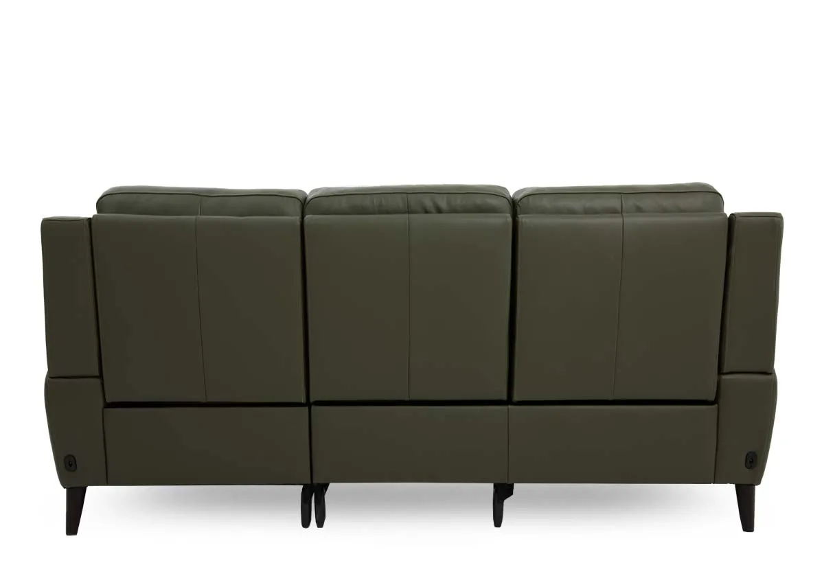 A 3 seater green leather sofa from EZ Livings Elliott range. Back view