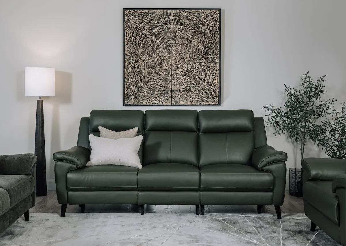 3 Seater Green Leather Power Recliner Sofa - Elliot