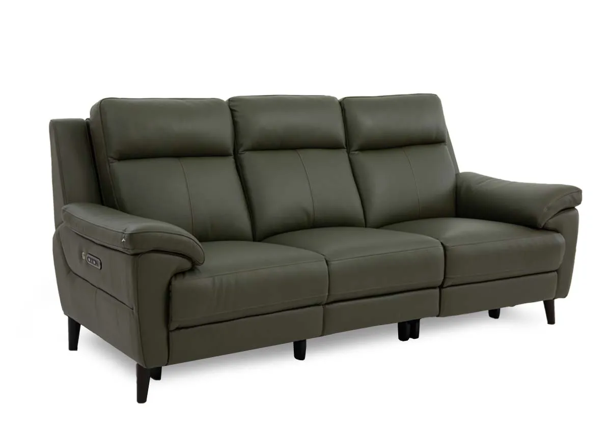 A 3 seater green leather sofa from EZ Livings Elliott range. Angled view.