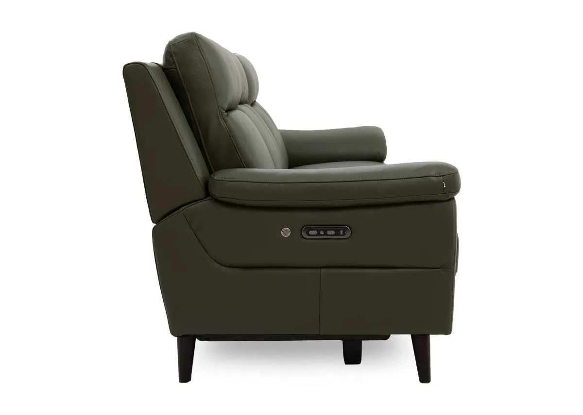 A 3 seater green leather sofa from EZ Livings Elliott range. Side view of buttons