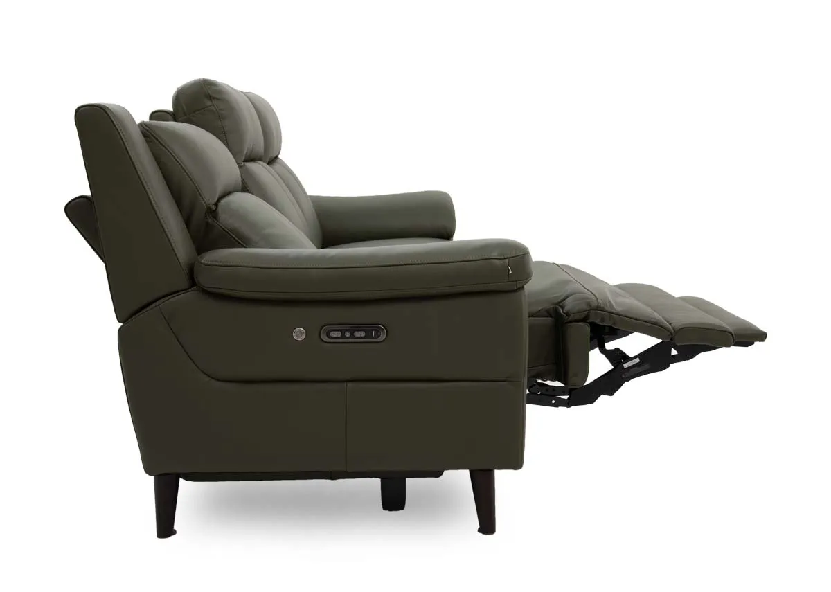 A 3 seater green leather sofa from EZ Livings Elliott range. Side view of reclined sofa