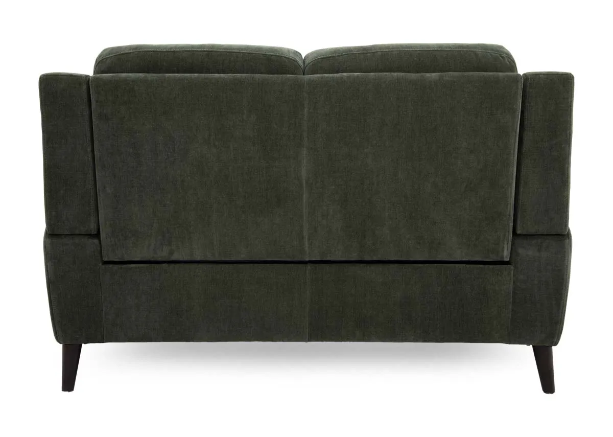 A green fabric 2 seater sofa from EZ Livings Elliot range. Side view